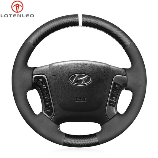 LQTENLEO Black Genuine Leather Carbon Fiber Suede Hand-stitched Car Steering Wheel Cover for Hyundai Santa Fe 2007-2012