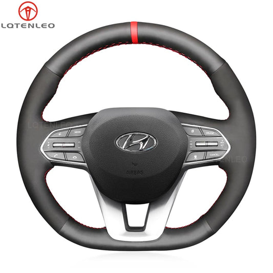 LQTENLEO Black Leather Suede Hand-stitched Car Steering Wheel Cover for Hyundai Santa Fe (IV) 2018-2023 / Palisade 2020-2022