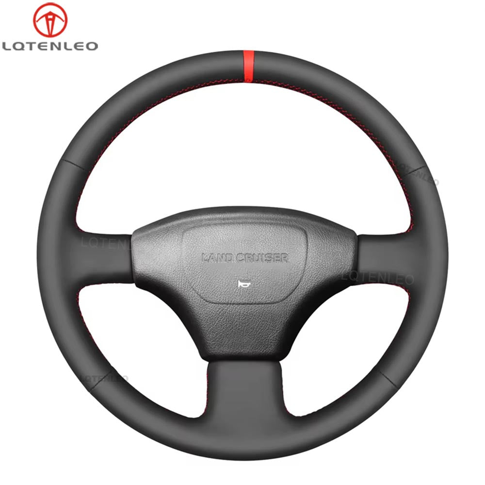 LQTENLEO Black Genuine Leather Hand-stitched Car Steering Wheel Cove for Toyota LandCruiser 80 Series