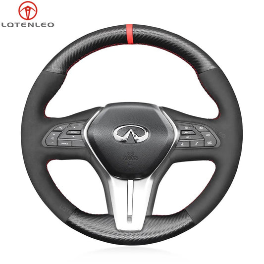 LQTENLEO Black Carbon Fiber Leather Suede Hand-stitched Car Steering Wheel Cover for Infiniti Q50 2018-2019 / Q60 2016-2018 / QX50 2018-2019