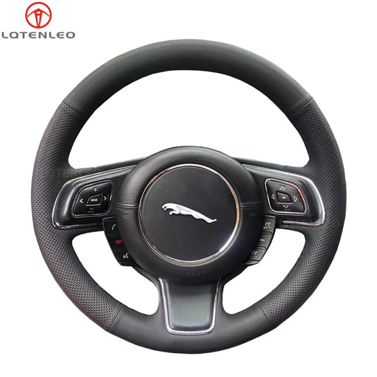 LQTENLEO Black Leather Suede Hand-stitched Car Steering Wheel Cover for Jaguar XJ 2010-2015
