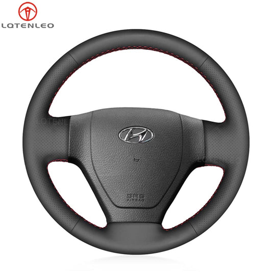 LQTENLEO Black Genuine Leather Hand-stitched Car Steering Wheel Cove for Hyundai Accent / Getz /Getz (Facelift)