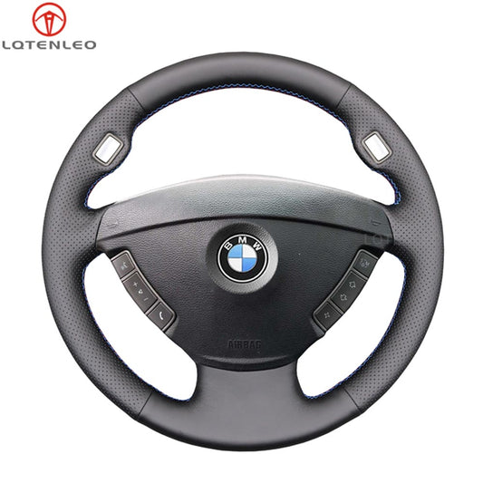 LQTENLEO Black Leather Suede Hand-stitched Car Steering Wheel Cover for BMW 7 Series (E65/E66) 2001-2008
