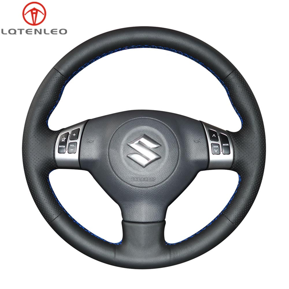 LQTENLEO Black Genuine Leather Suede Hand-stitched Car Steering Wheel Cover for Suzuki Swift Sport / Splash