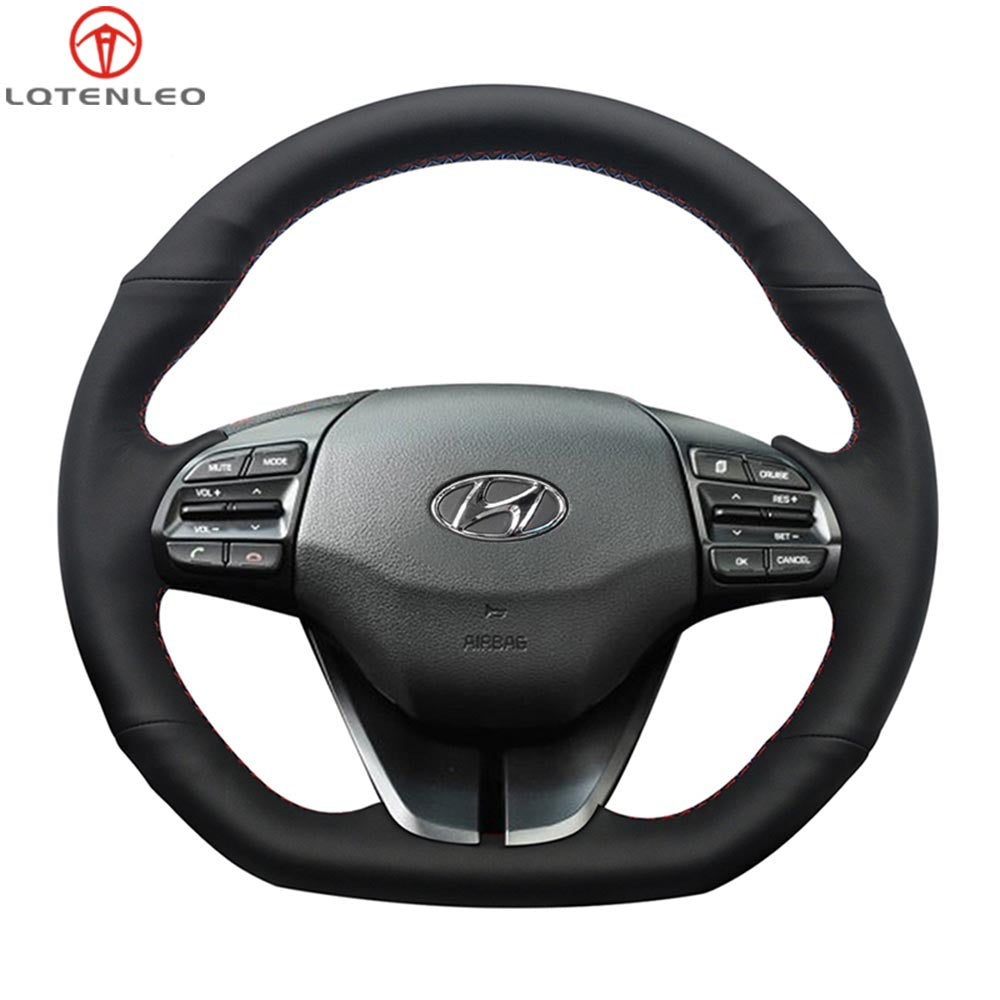 LQTENLEO Black Genuine Leather DIY Hand-stitched Car Steering Wheel Cove for Hyundai Ioniq / Elantra VI (Sport|SR Turbo)