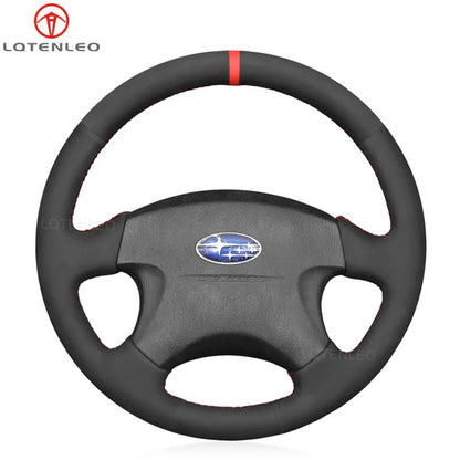 LQTENLEO Black Genuine Leather Suede Hand-stitched Car Steering Wheel Cover for Subaru Forester Impreza Legacy Outback Baja