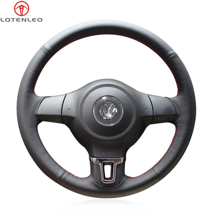 LQTENLEO Black Genuine Leather Suede Hand-stitched Car Steering Wheel Cover for Golf 6 (VI) /Golf Plus / Polo / Tiguan /Touran / Caddy / Jetta