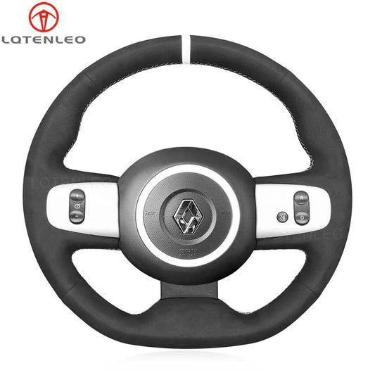 LQTENLEO Black Leather Suede Hand-stitched Car Steering Wheel Cover for Renault Twingo 3 2014-2020