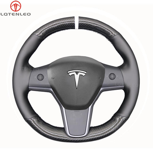 LQTENLEO Alcantara Carbon Fiber Leather Suede Hand-stitched Car Steering Wheel Cover for Tesla Model 3 2017-2020 / Model Y 2020-2021