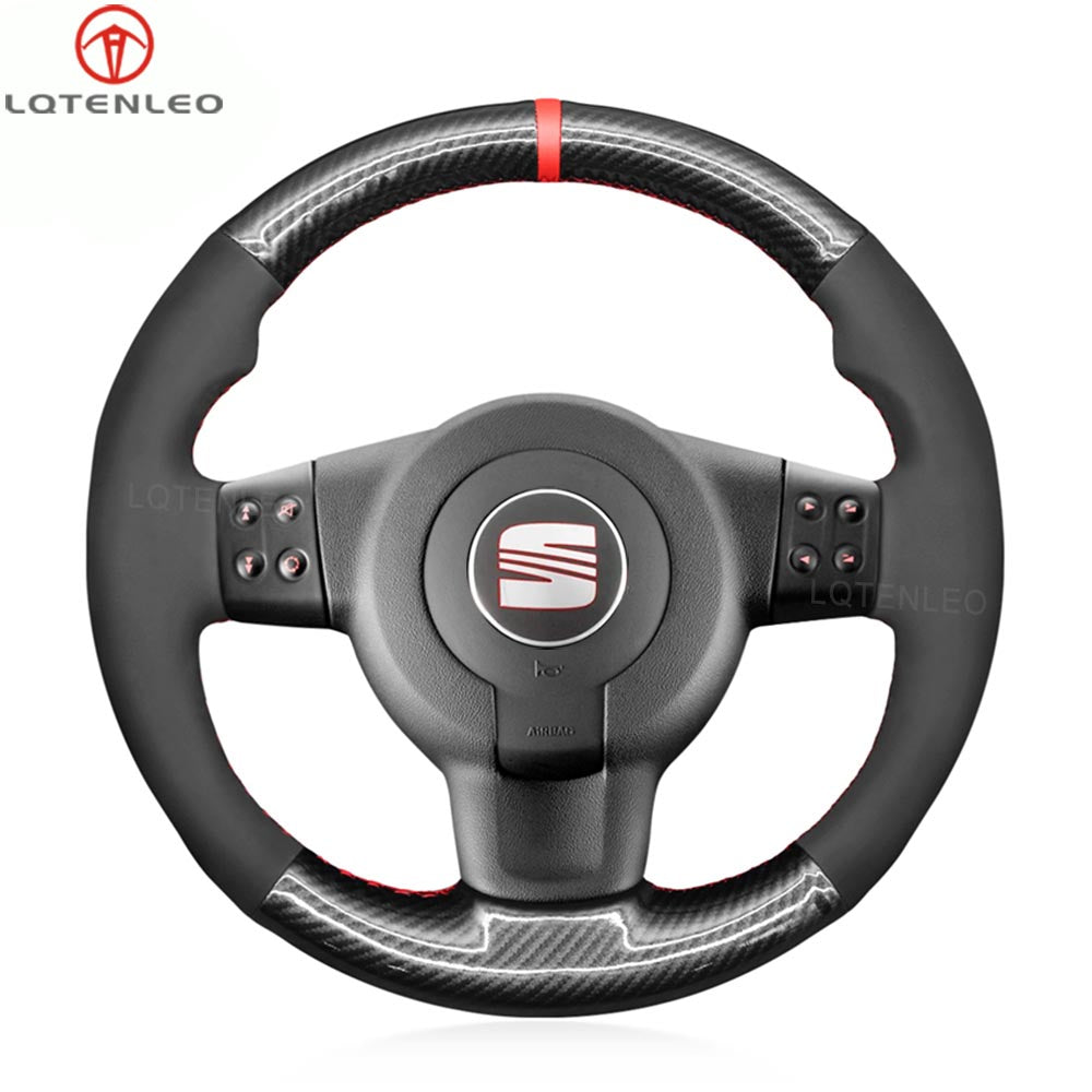 LQTENLEO Carbon Fiber Leather Suede Hand-stitched Car Steering Wheel Cover for Seat Leon FR|Cupra (MK2 1P) 2005-2009 / Ibiza FR (6L) 2005-2009