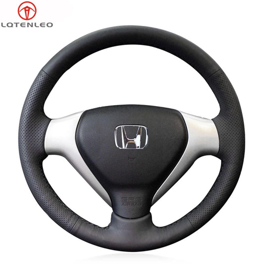 LQTENLEO Black Leather Suede Hand-stitched Car Steering Wheel Cover for Honda Fit 2007-2008 / Honda Jazz 2005-2008