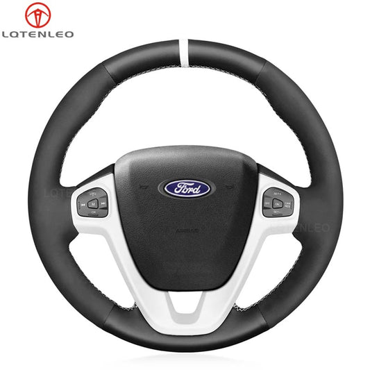 LQTENLEO Black Leather Suede Hand-stitched Car Steering Wheel Cover for Ford Fiesta 2011-2019