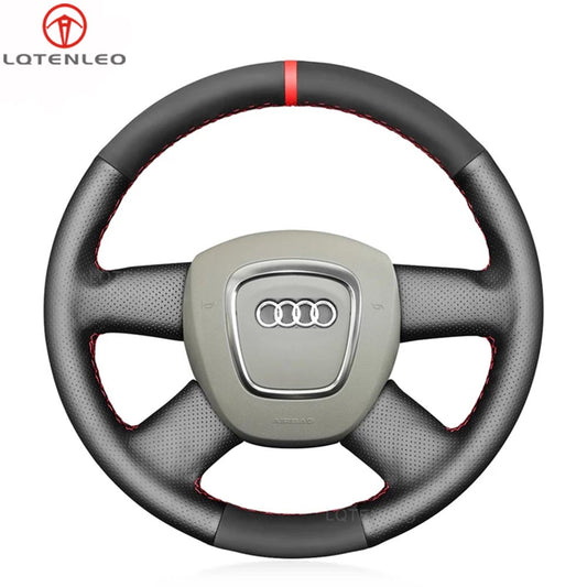 LQTENLEO Black Leather Suede No-slip Hand-stitched Car Steering Wheel Cover for Audi A3 2006-2013 A4 (B8) A6 (C6) 2005-2012 Q5 Q7 2007-2012