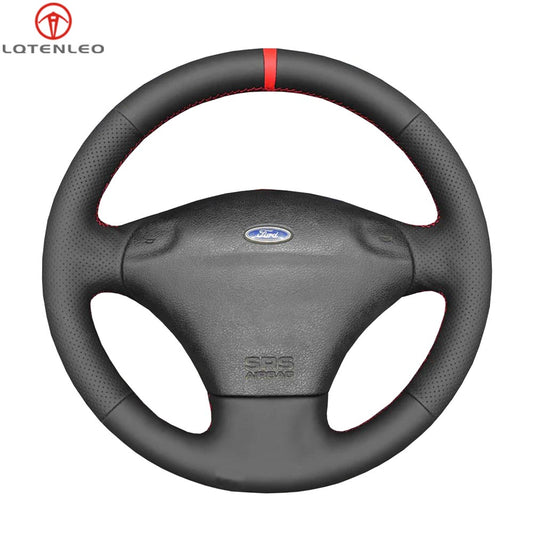 LQTENLEO Black Genuine Leather Hand-stitched Car Steering Wheel Cove for Ford Fiesta/ Puma