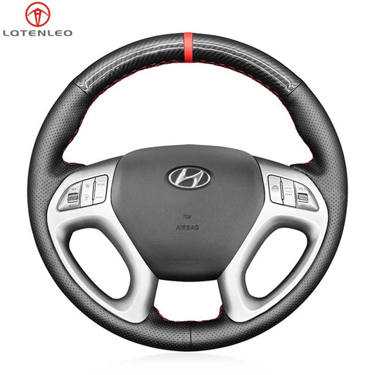 LQTENLEO Black Genuine Leather Suede Hand-stitched Car Steering Wheel Cover for Hyundai ix35 2010-2016