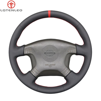 LQTENLEO Black Genuine Leather Suede Hand-stitched Car Steering Wheel Cover for Nissan Stagea 1996