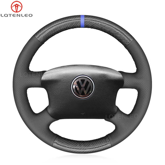 LQTENLEO Carbon Fiber Leather Suede Hand-stitched Car Steering Wheel Cover for Volkswagen Golf 4 (IV) / Passat B5/ Passat Variant/ Sharan/ Bora/T4 /T5 / Jetta/EuroVan