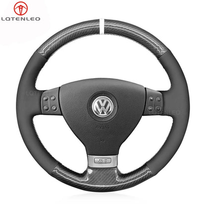 LQTENLEO Carbon Fiber Leather Suede Hand-stitched Car Steering Wheel Cover for Volkswagen VW Golf 5 Polo Jetta Passat Touran Caddy EOS