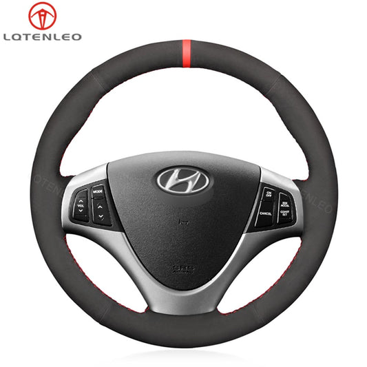 LQTENLEO Black Genuine Leather Suede Hand-stitched Car Steering Wheel Cove for Hyundai Elantra Touring / Hyundai