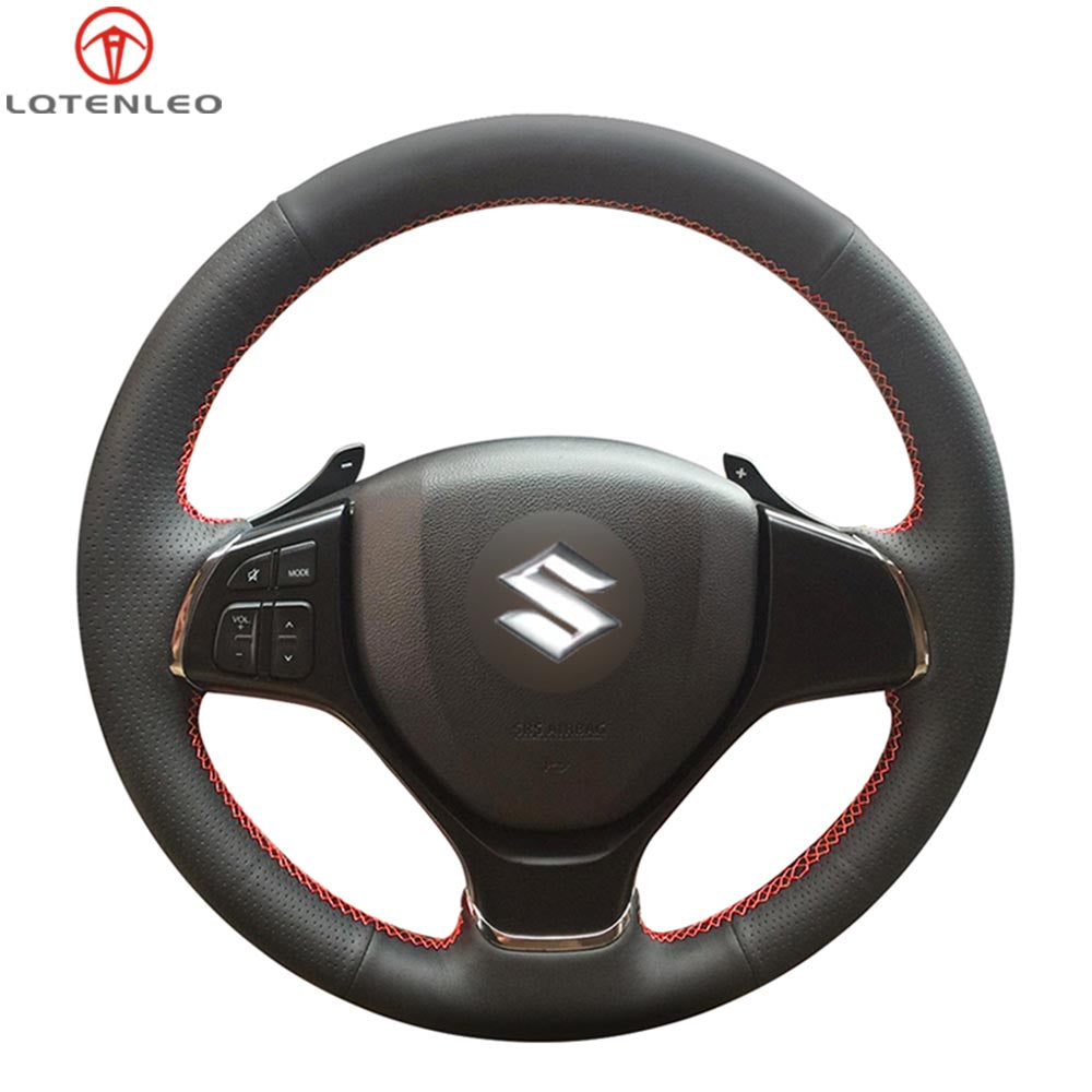 LQTENLEO Black Genuien Leather Suede Hand-stitched Car Steering Wheel Cover for Suzuki Baleno /Alivio