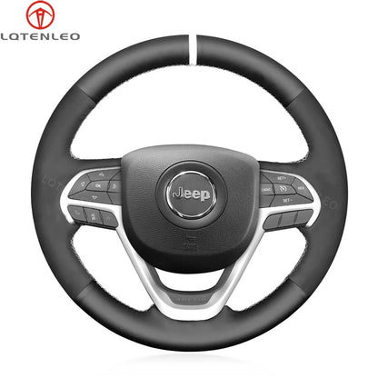 LQTENLEO Black Leather Suede Hand-stitched Car Steering Wheel Cover for Jeep Grand Cherokee 2014-2016
