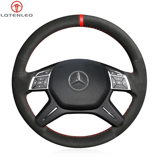 LQTENLEO Black Leather Suede Hand-stitched Car Steering Wheel Cover for Mercedes Benz G-Class W463 2013-2018 / GL-Class X166 2013-2016 / M-Class W166 2012-2015