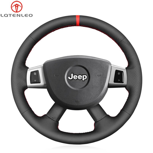 LQTENLEO Black Genuine Leather Hand-stitched Car Steering Wheel Cove for Jeep Commander (XK)/ Grand Cherokee III(WK)/ Cherokee IV(KK)