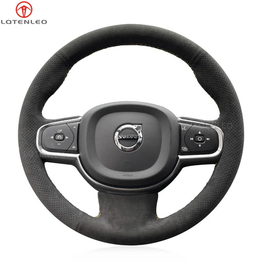 LQTENLEO Black Genuine Leather Suede Hand-stitched Car Steering Wheel Cover for Volvo XC90 2015-2017