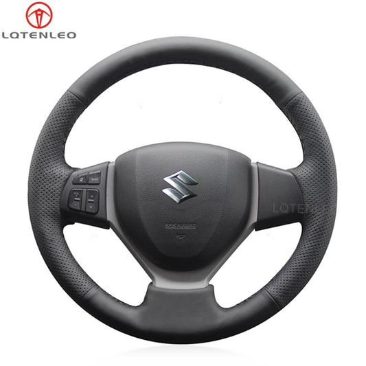 LQTENLEO Black Genuine Leather Hand-stitched Car Steering Wheel Cover for Suzuki Swift 2011-2017