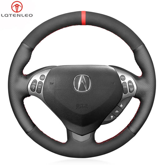 LQTENLEO Black Genuine Leather Suede Hand-stitched Car Steering Wheel Cover for Acura TL 2007-2008