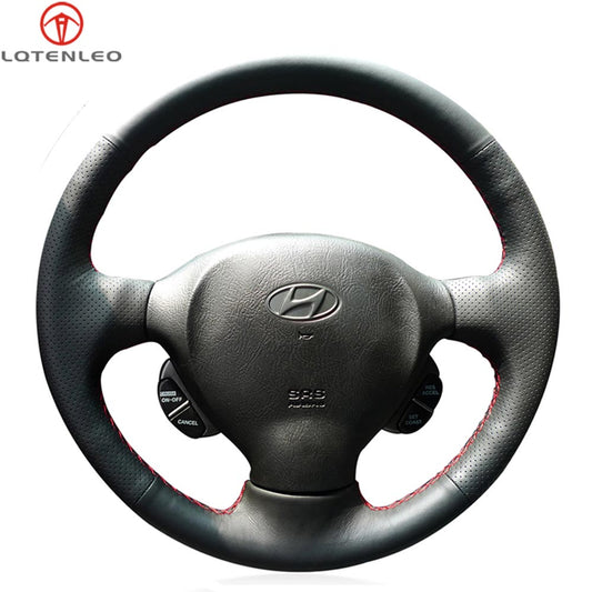 LQTENLEO Black Genuine Leather Hand-stitched Car Steering Wheel Cove for Hyundai Santa Fe 2000-2006