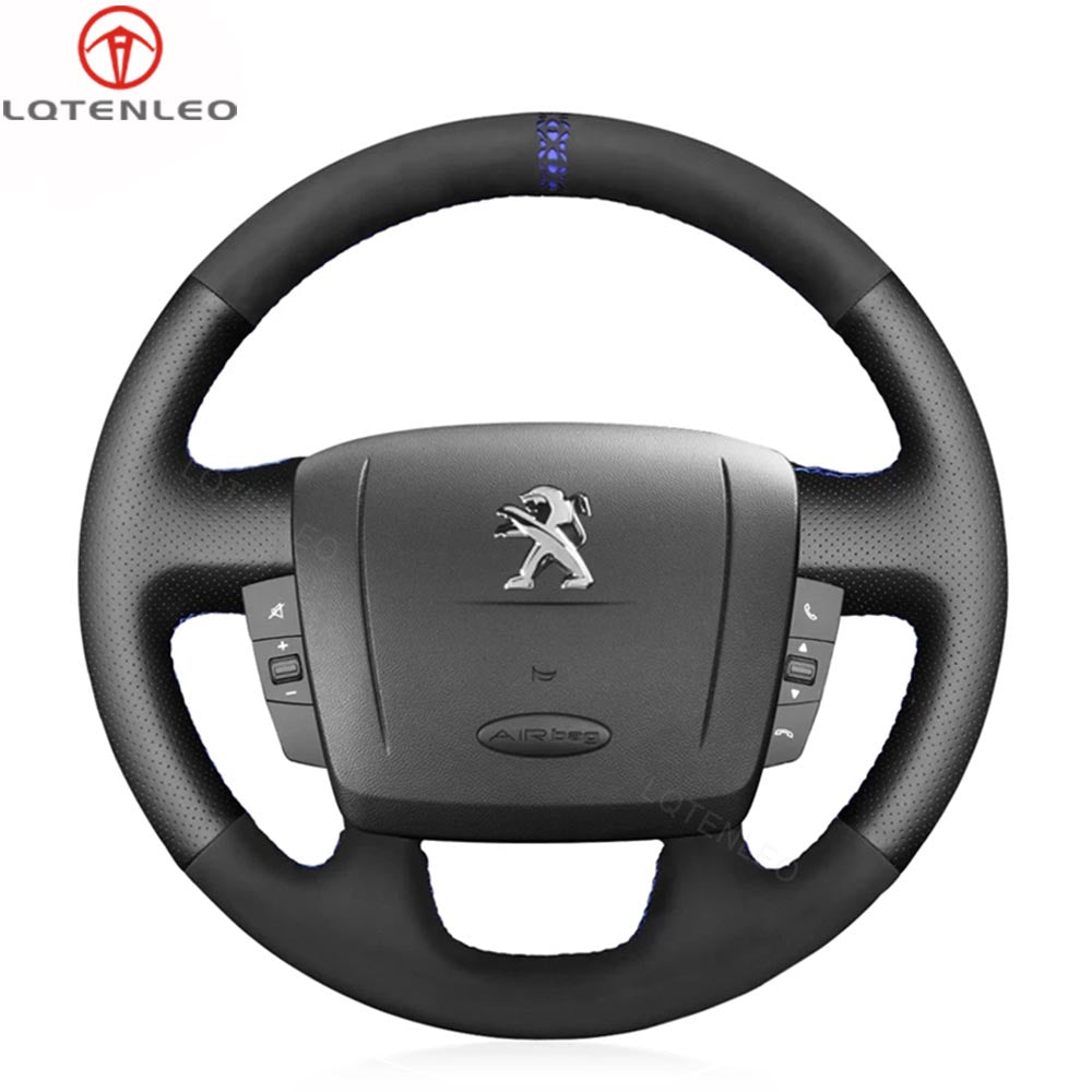 LQTENLEO Black Genuine Leather Suede Hand-stitched Car Steering Wheel Cover Wrap for Peugeot Boxer Citroen Jumper Relay Fiat Ducato