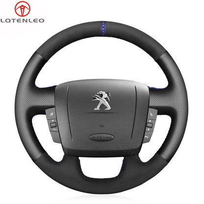 LQTENLEO Black Genuine Leather Suede Hand-stitched Car Steering Wheel Cover Wrap for Peugeot Boxer Citroen Jumper Relay Fiat Ducato