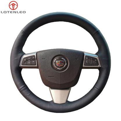 LQTENLEO Black Genuine Leather Hand-stitched Car Steering Wheel Cove for Cadillac CTS 2008-2013