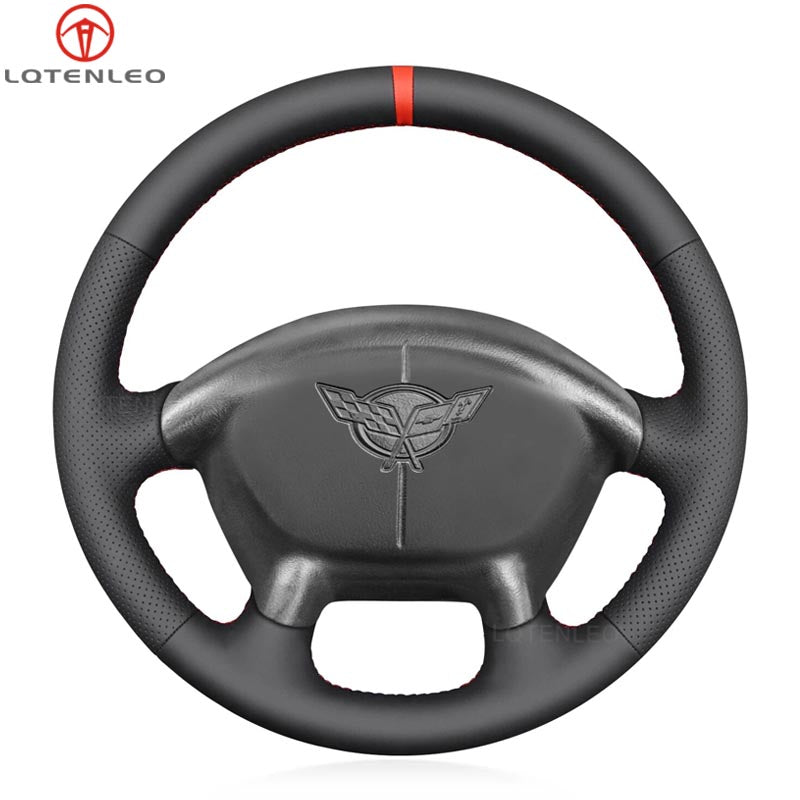 LQTENLEO Black Genuine Leather Hand-stitched Car Steering Wheel Cover for Chevrolet Corvette (C5)