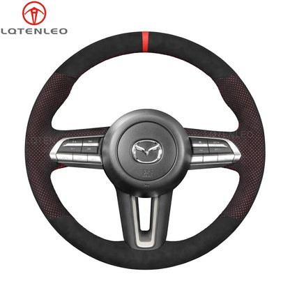 LQTENLEO Alcantara Carbon Fiber Genuine Leather Suede Hand-stitched Car Steering Wheel Cover for Mazda CX-30 CX30 2019-2020 Mazda 3 Axela 2019-2020