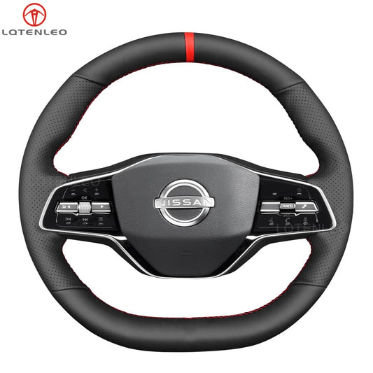 LQTENLEO Black Genuine Leather Suede Hand-stitched Car Steering Wheel Cove for Nissan Ariya 2022-2024