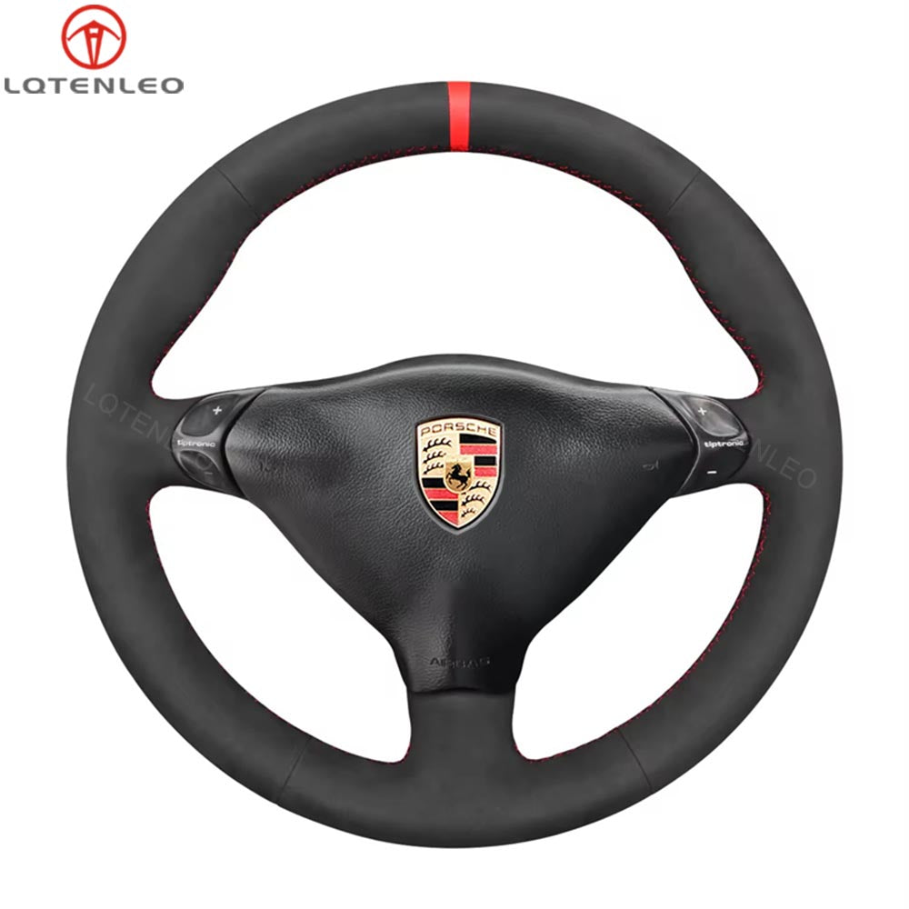 LQTENELO Black Suede Red Marker Hand-stitched Car Steering Wheel Cover for Porsche 911 Turbo 996