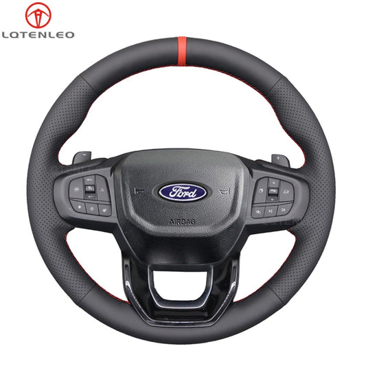 LQTENLEO Carbon Fiber Leather Suede Hand-stitched Car Steering Wheel Cover for Ford Ranger / Everest
