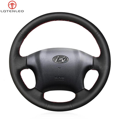 LQTENLEO Black Leather DIY Hand-stitched No-slip Car Steering Wheel Cover Braid for Hyundai Tucson 2004 2005 2006 2007 2008 2009 2010