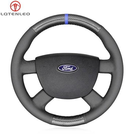 LQTENLEO Black Carbon Fiber Leather Suede Hand-stitched Car Steering Wheel Cover for Ford Focus C-Max Transit Connect