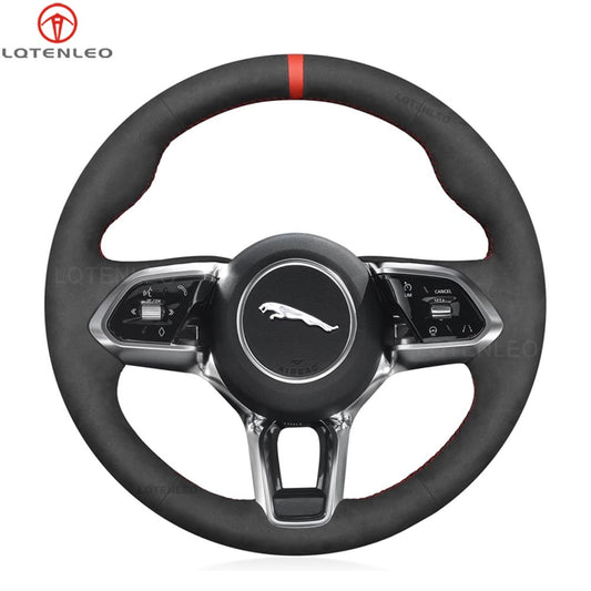 LQTENLEO Black Leather Suede Hand-stitched Car Steering Wheel Cover for Jaguar XE 2020-2022(With Bulges)