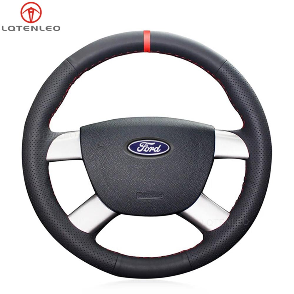 LQTENLEO Black Leather Suede Hand-stitched Car Steering Wheel Cover for Ford Focus CC C-Max 2004-2011 Kuga Tourneo Transit Connect 2006-2013