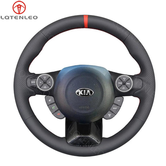 LQTENLEO Black Leather Suede Hand-stitched No-slip Car Steering Wheel Cover for Kia Soul 2014-2019