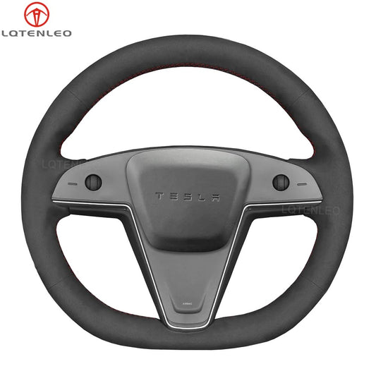 LQTENLEO Black Suede Hand-stitiched Car Steering Wheel Cover for Tesla Model S Base Plaid 2021