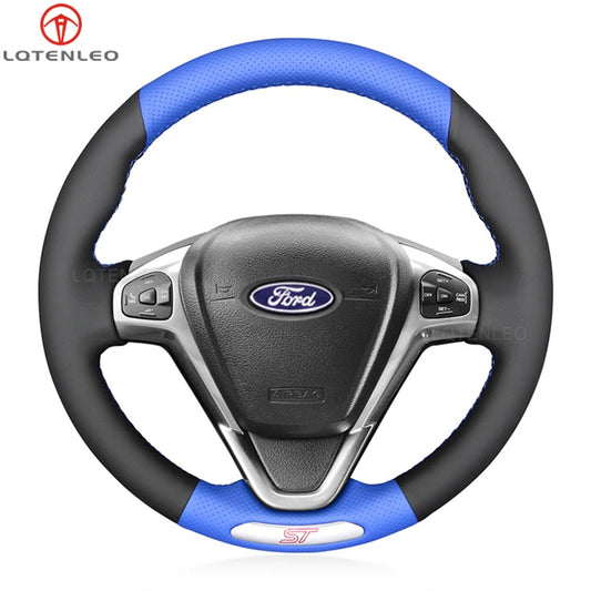 LQTENLEO Black Leather Suede Hand-stitched Car Steering Wheel Cover for Ford Fiesta ST 2012-2017