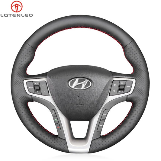 LQTENLEO Black Suede Leather Hand-stitched Car Steering Wheel Cover for Hyundai i40 2011-2020