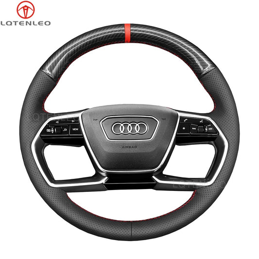 LQTENLEO Carbon Fiber Leather Suede Hand-stitched Car Steering Wheel Cover for Audi A8/A8 L /A8 Quattro/S8 Quattro