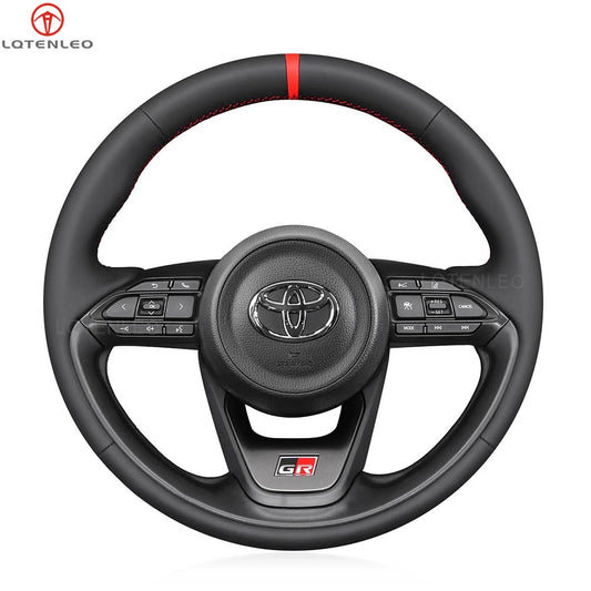 LQTENELO Black Leather Suede Hand-stitched No-slip Car Steering Wheel Cove for Toyota Yaris Cross GR