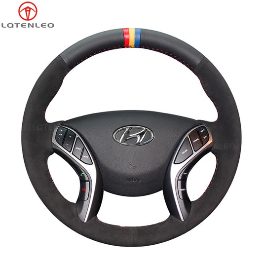 LQTENLEO Black Leather Suede DIY Hand-stitched Car Steering Wheel Cove for Hyundai Elantra/ Elantra GT/ Elantra Coupe/ Hyundai i30